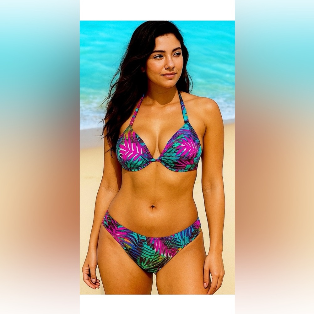NWOT Bikini Tropical Print Push Up Top and Bottom/Medium